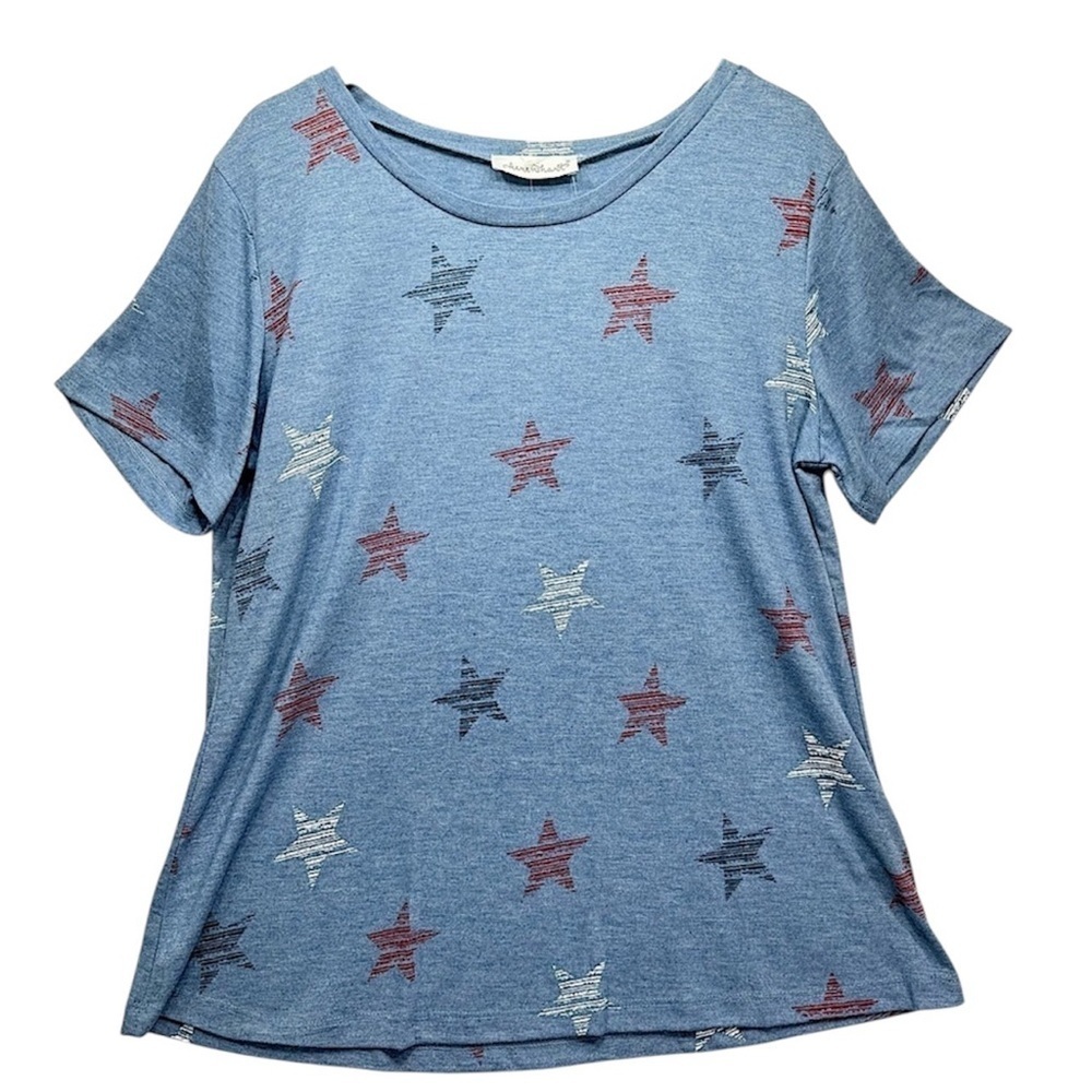 Keren Hart Blue Short Sleeve Tee with Red Navy & White Striped Stars NEW